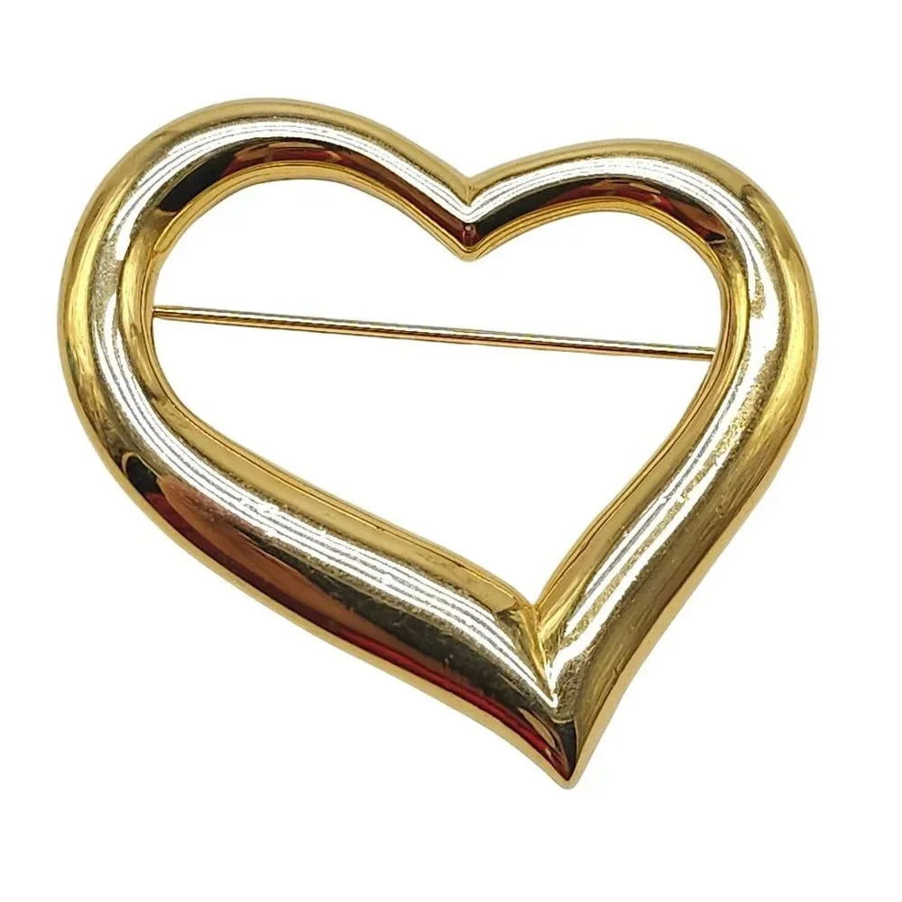 Open Heart Brooch Pin Shiny Gold Tone Vintage